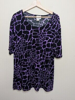 Jostar Slinky Purple Black Giraffe Print Top 3/4 Sleeve USA Made 1X (measured)